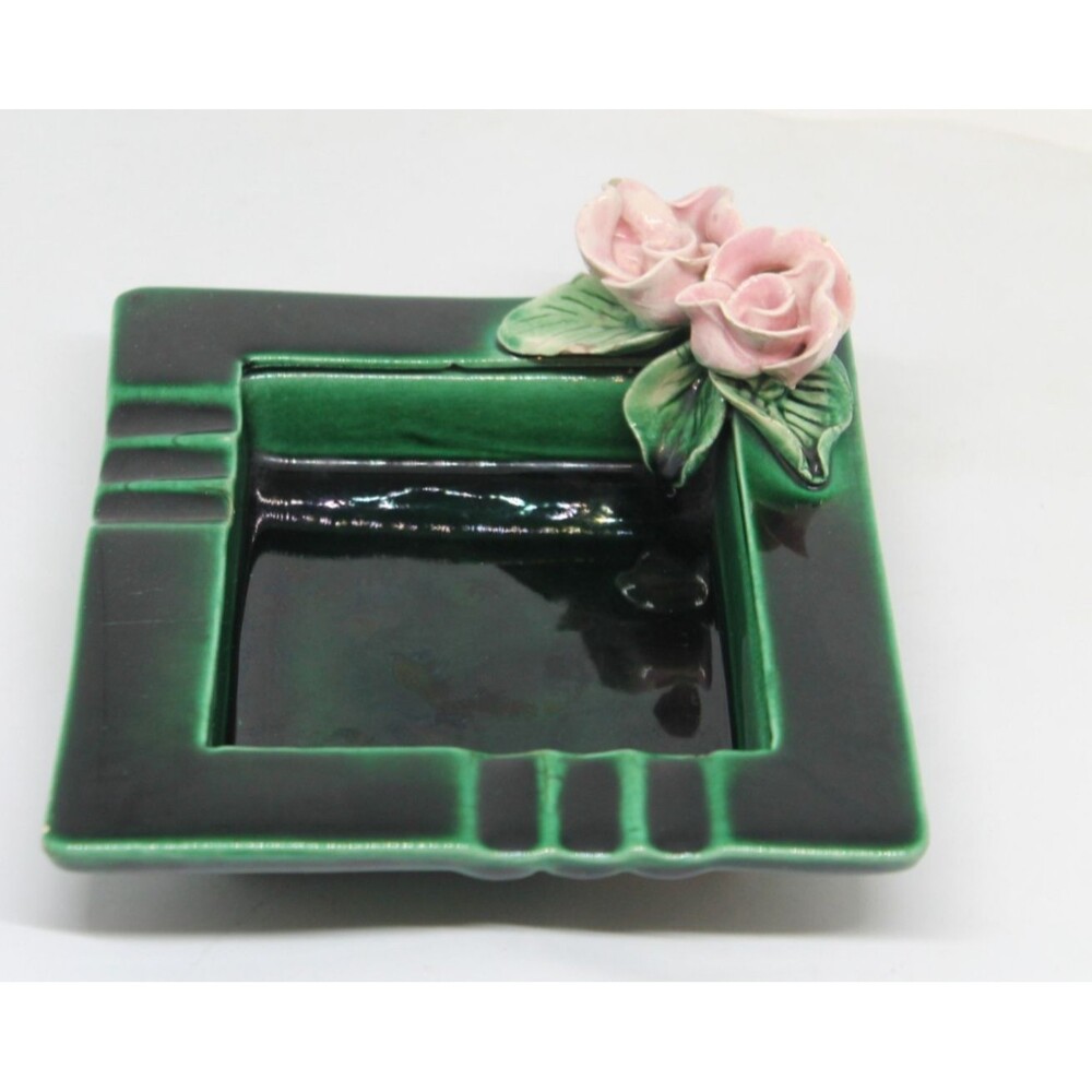 Pretty Vintage Jade Green Ceramic Cigarette/Cigar Ashtray w/ Applied Pink Roses